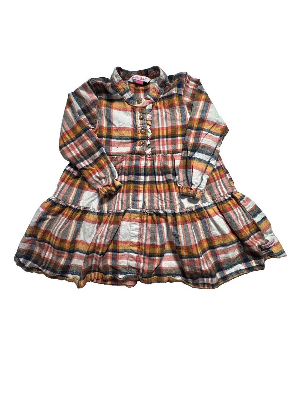 RuffleButts Girls 3T Plaid Flannel Tiered Dress Long Sleeve 100% Cotton Fall